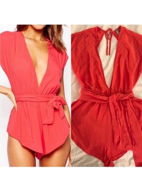 EUC ASOS coral pink beach romper with removable tie